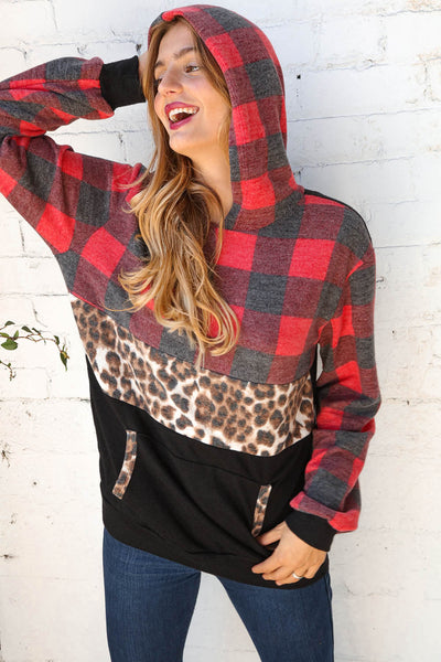 Plaid & Leopard Print Color Block Hoodie