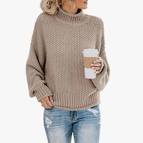 Khaki Turtleneck Chunky Knitted Pullover Sweater