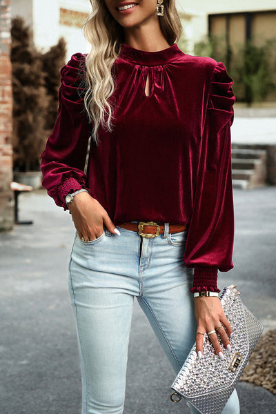 Mock Neck Puff Sleeve Velvet Blouse