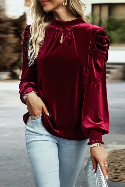 Mock Neck Puff Sleeve Velvet Blouse