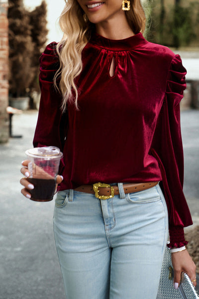 Mock Neck Puff Sleeve Velvet Blouse