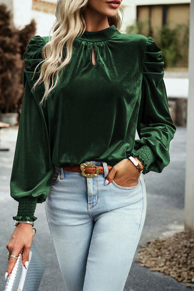 Mock Neck Puff Sleeve Velvet Blouse