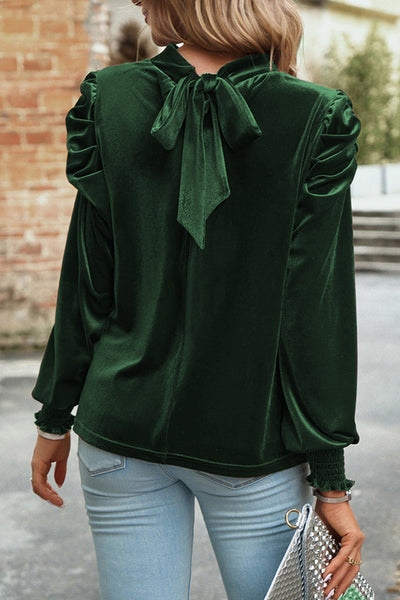 Mock Neck Puff Sleeve Velvet Blouse