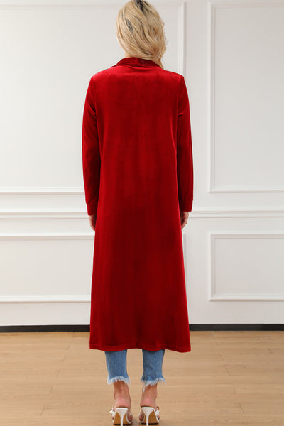 Velvet Open Front Pocketed Long Duster