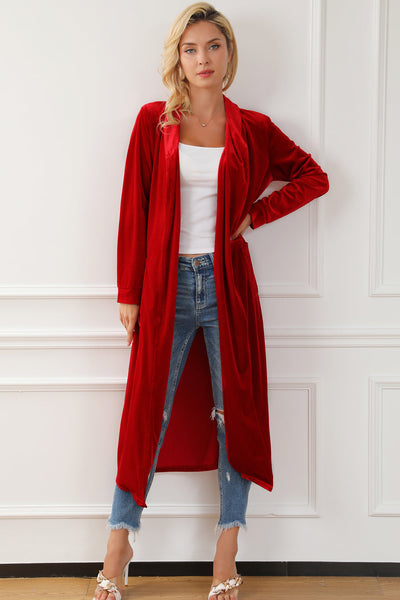 Velvet Open Front Pocketed Long Duster