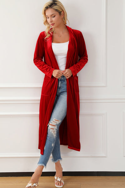 Velvet Open Front Pocketed Long Duster