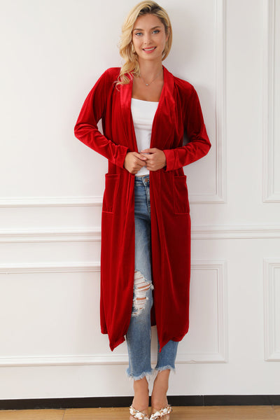 Velvet Open Front Pocketed Long Duster