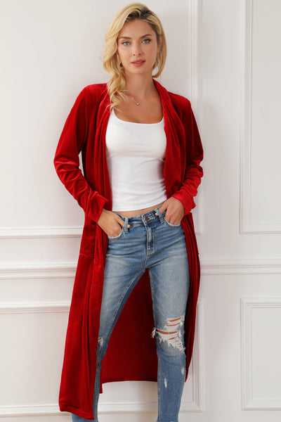 Velvet Open Front Pocketed Long Duster