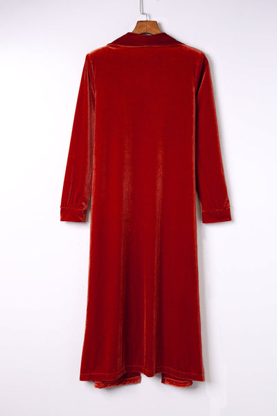 Velvet Open Front Pocketed Long Duster