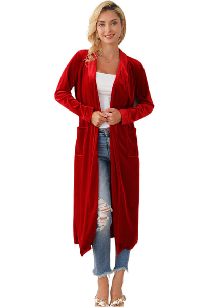 Velvet Open Front Pocketed Long Duster