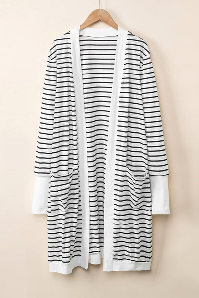 White Striped Side Pockets Open Front Cardigan