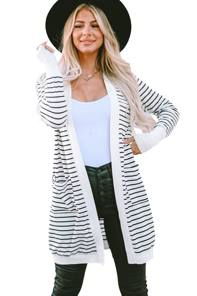 White Striped Side Pockets Open Front Cardigan