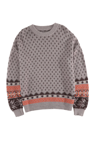 Crew Neck Printed Pullover Sweater - Brown