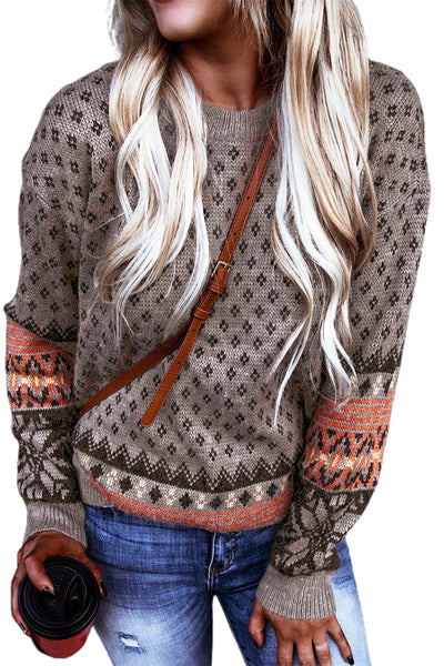 Crew Neck Printed Pullover Sweater - Brown