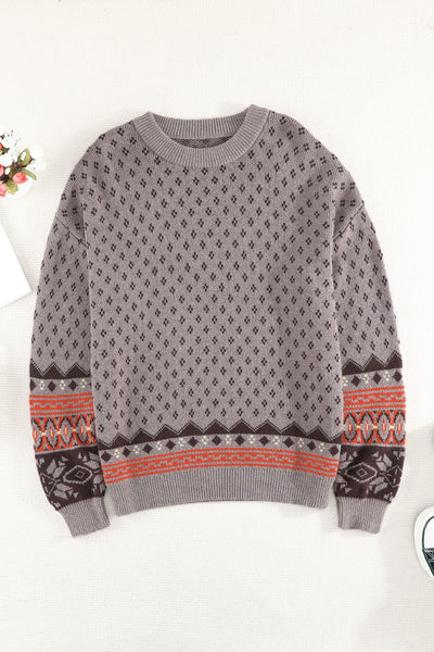 Crew Neck Printed Pullover Sweater - Brown