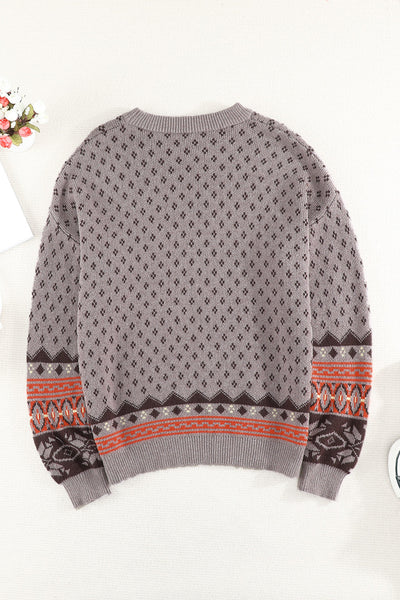 Crew Neck Printed Pullover Sweater - Brown