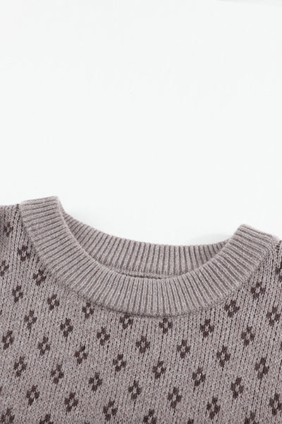 Crew Neck Printed Pullover Sweater - Brown