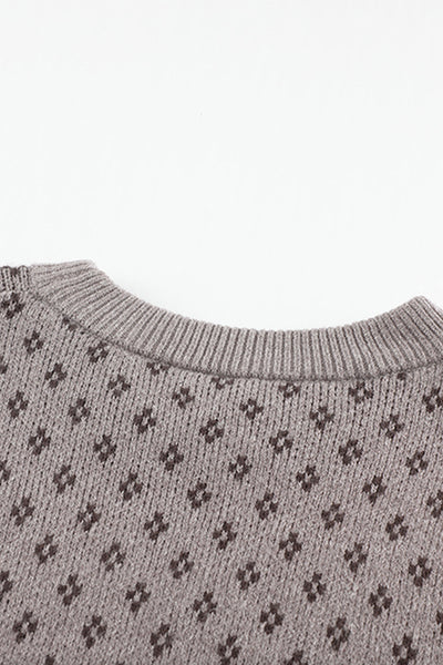 Crew Neck Printed Pullover Sweater - Brown