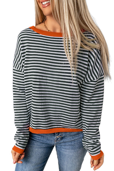 Contrast Trimmed Striped Drop Shoulder Sweater