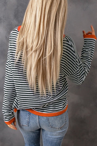 Contrast Trimmed Striped Drop Shoulder Sweater