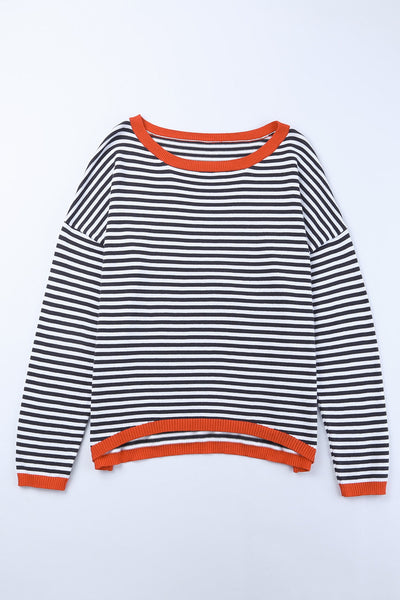 Contrast Trimmed Striped Drop Shoulder Sweater