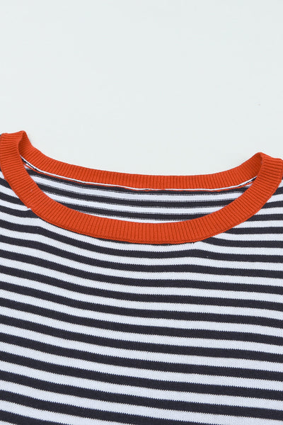 Contrast Trimmed Striped Drop Shoulder Sweater