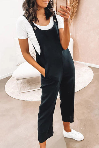 Black Button Straps Pocketed Cropped Jumpsuit