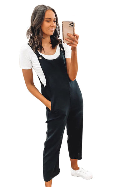 Black Button Straps Pocketed Cropped Jumpsuit