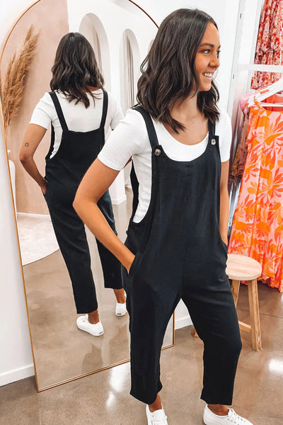 Black Button Straps Pocketed Cropped Jumpsuit