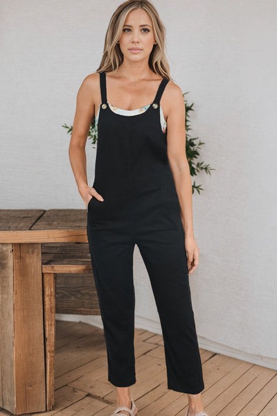 Black Button Straps Pocketed Cropped Jumpsuit