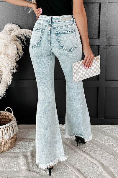 Sky Blue Distressed Acid Wash Flare Jeans