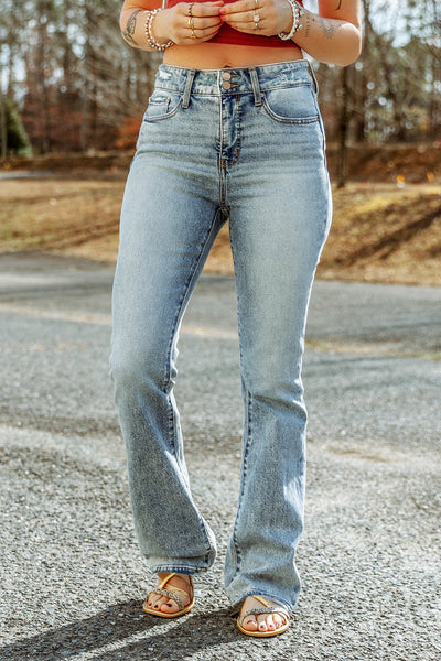 Sky Blue Subtle Ripped Detail Flare Bottom Jean