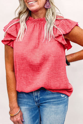 Textured Flutter Sleeve Frilled Neck Blouse