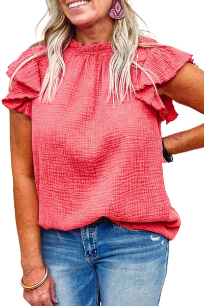 Textured Flutter Sleeve Frilled Neck Blouse