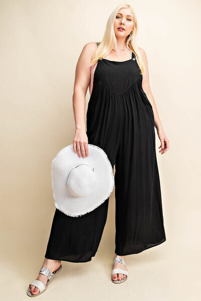 Black Sleeveless Ruched Wide Leg Overalls