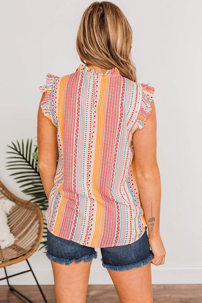 Multicolor Aztec Ruffled Sleeveless Top *