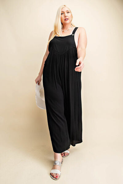 Black Sleeveless Ruched Wide Leg Overalls