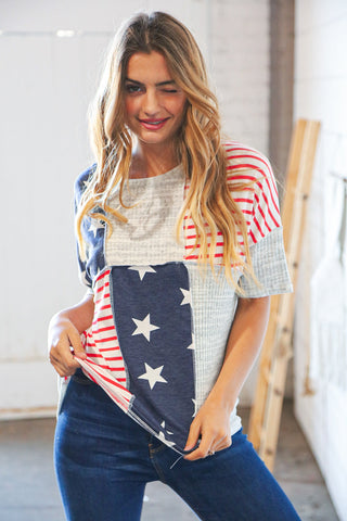 American Flag Color Block Overlock Thermal Top