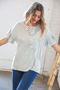 Grey & Cream Stripe Dolman Ruffle Top with Pocket