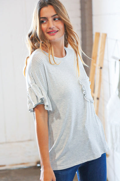 Grey & Cream Stripe Dolman Ruffle Top with Pocket