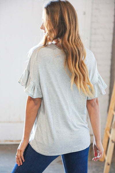 Grey & Cream Stripe Dolman Ruffle Top with Pocket