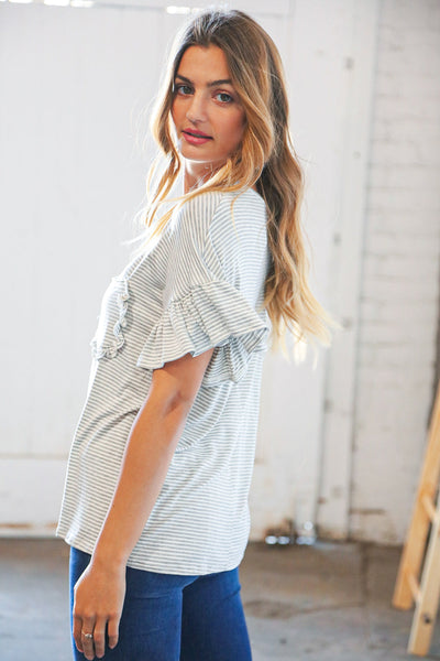 Grey & Cream Stripe Dolman Ruffle Top with Pocket