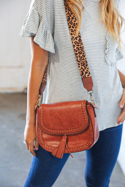 Chestnut Vegan Leather Leopard Strap Tassel Crossbody