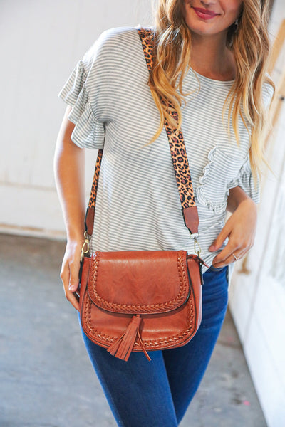 Chestnut Vegan Leather Leopard Strap Tassel Crossbody