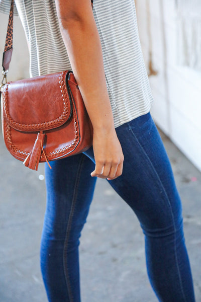 Chestnut Vegan Leather Leopard Strap Tassel Crossbody