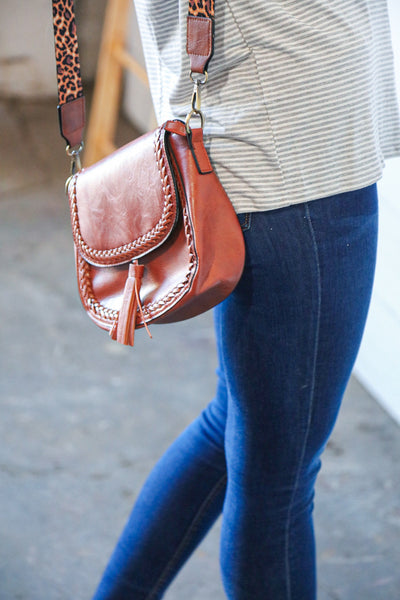 Chestnut Vegan Leather Leopard Strap Tassel Crossbody