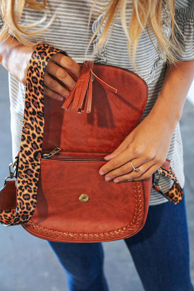 Chestnut Vegan Leather Leopard Strap Tassel Crossbody