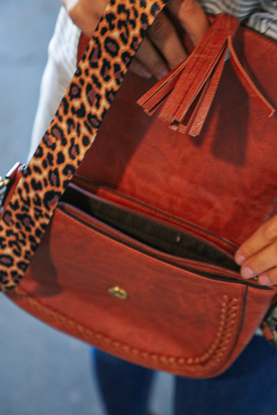 Chestnut Vegan Leather Leopard Strap Tassel Crossbody