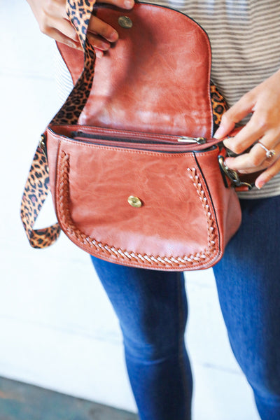 Chestnut Vegan Leather Leopard Strap Tassel Crossbody