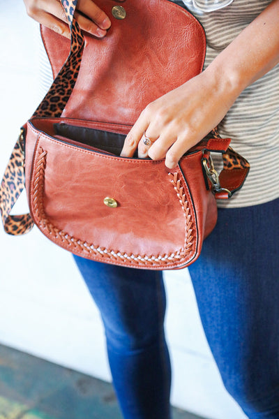 Chestnut Vegan Leather Leopard Strap Tassel Crossbody